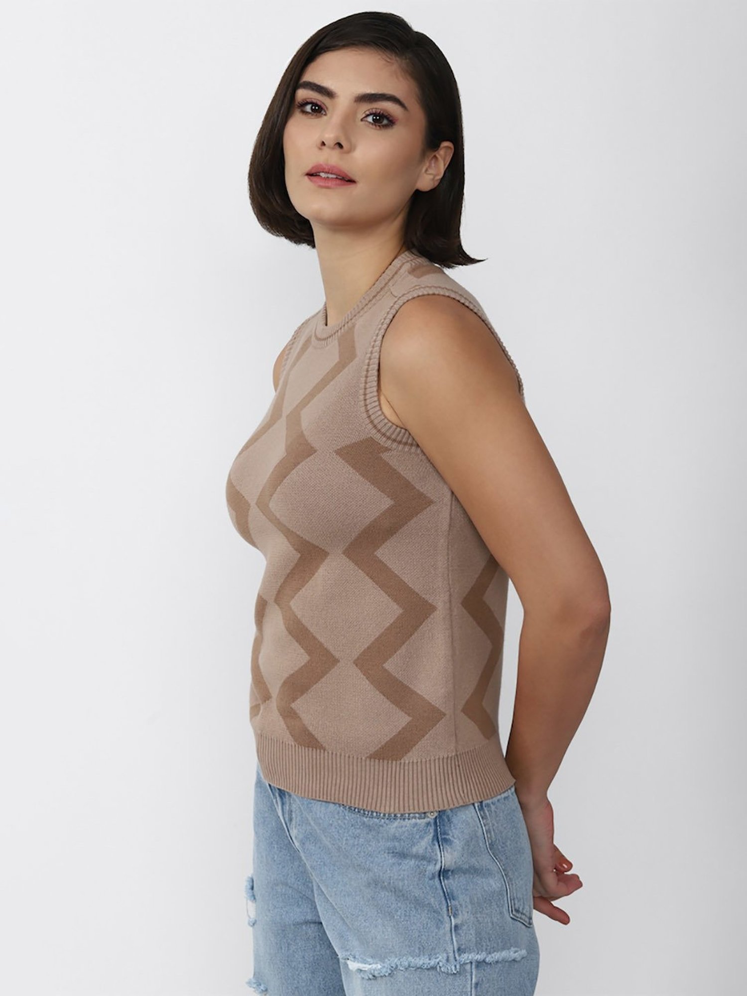 Forever 21 Brown Cotton Geometric Print Sweater Vest