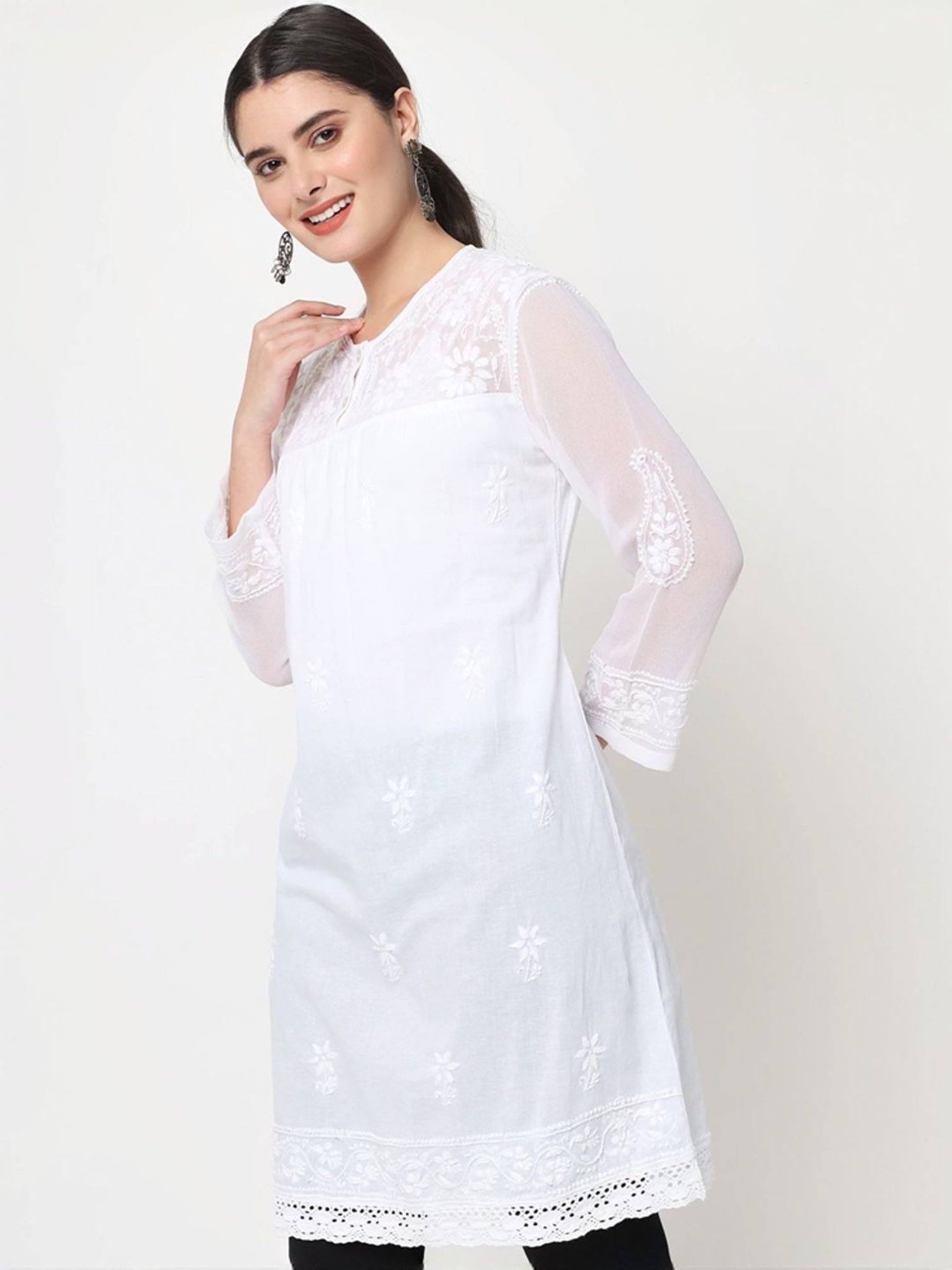 PARAMOUNT CHIKAN White Cotton Hand Embroidered Chikankari A Line Kurti