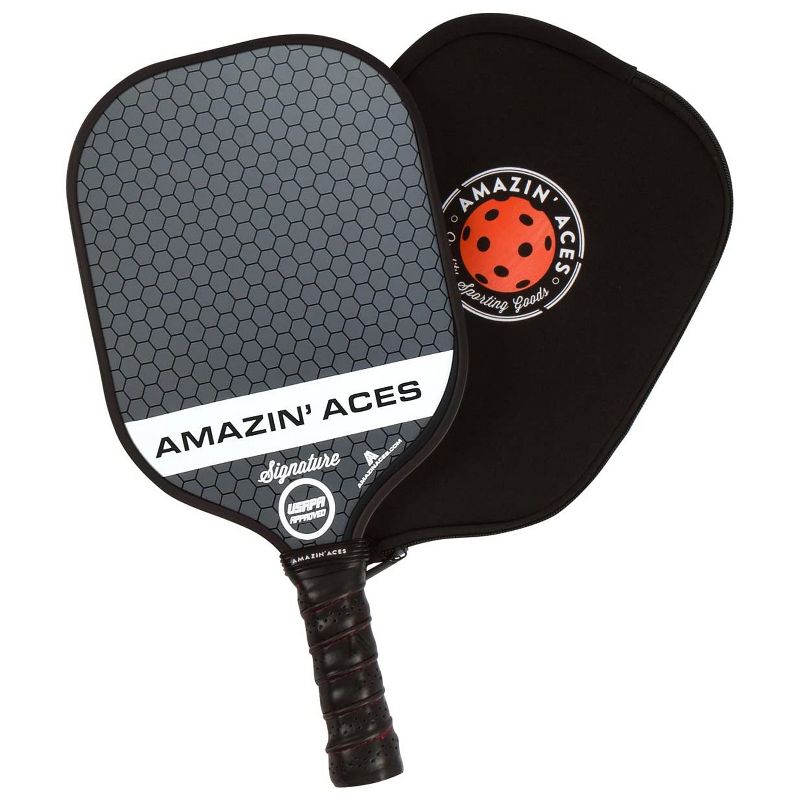Amazin Aces Signature Pickleball Set with 2 Graphite Face Paddles, 4 Balls, Paddle Covers, and Carry Bag, Gray