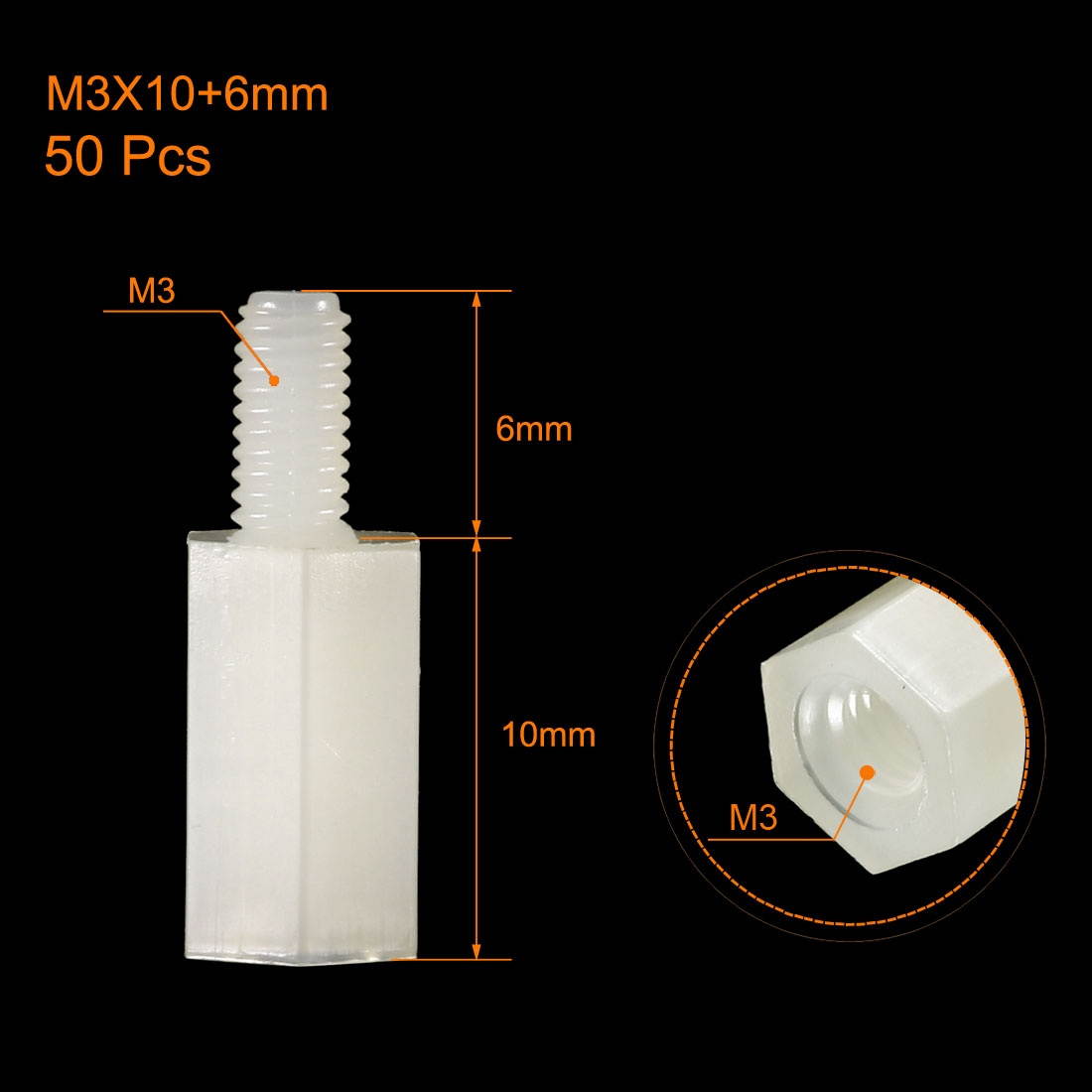Global Bargains 50pcs M3 10+6mm Male Female Thread Nylon Hex Standoff Spacer Screws PCB Pillar White