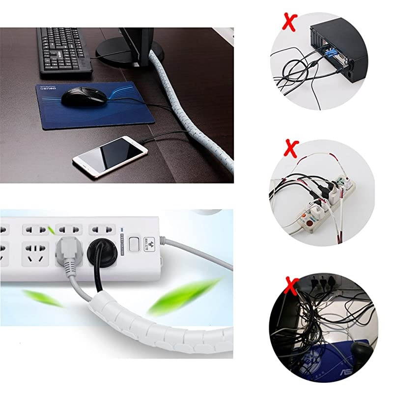 White Cable Wire Cover Cord Management Sleeve Electrical Wire Organizer Holder  Reusable Expandable Desktop Spiral Tube Wire Hider with BONUS Clips For TV Computer Home Entertainment