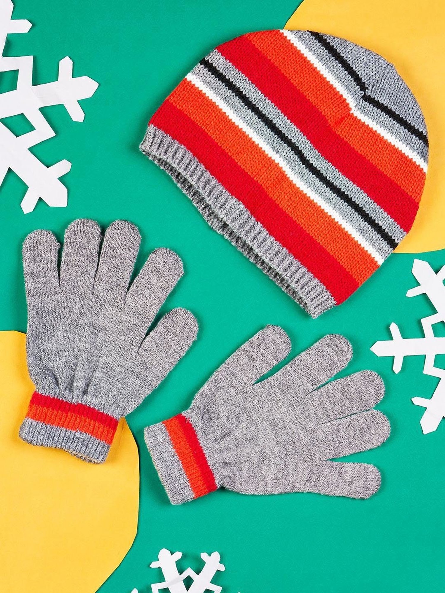 Pantaloons Junior Grey Striped Beanies & Gloves Set