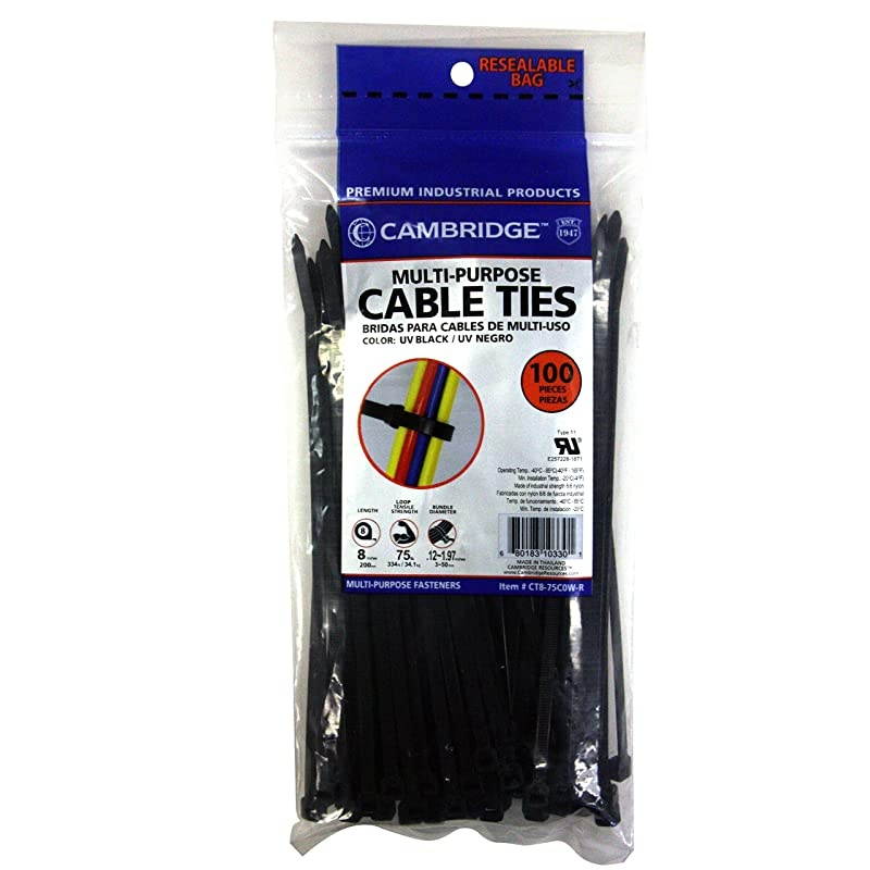 Cable Ties 8-in 75 Lb Standard Duty Self Locking UV Resistant Black Zip Ties, 100 Pack, UL Listed, Contractor Quality and Strength