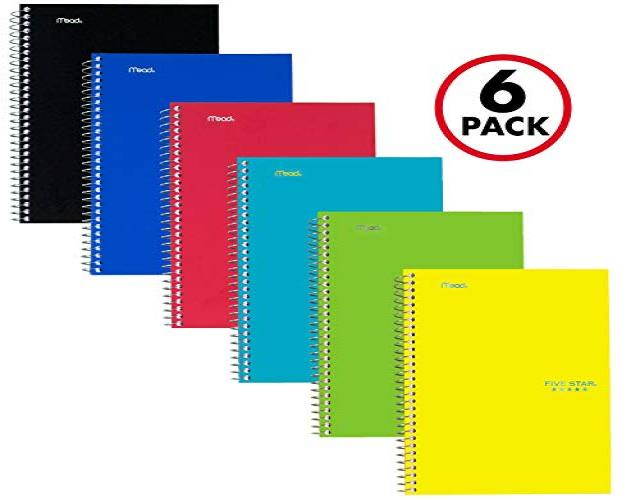 Five Star Spiral Notebooks, College Ruled, 100 Sheets, 9-1/2" x 6", Assorted Colors, 6 Pack (73711)