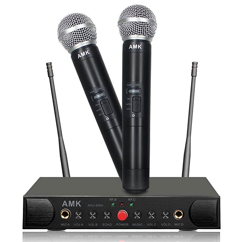 Wireless Microphone System with Echo  UHF Dual Wireless Mics Receiver with 14 Input Jacks for Two More Wired Mics All Metal Easy Setup Echo Control for KaraokePublic Address ARU999A