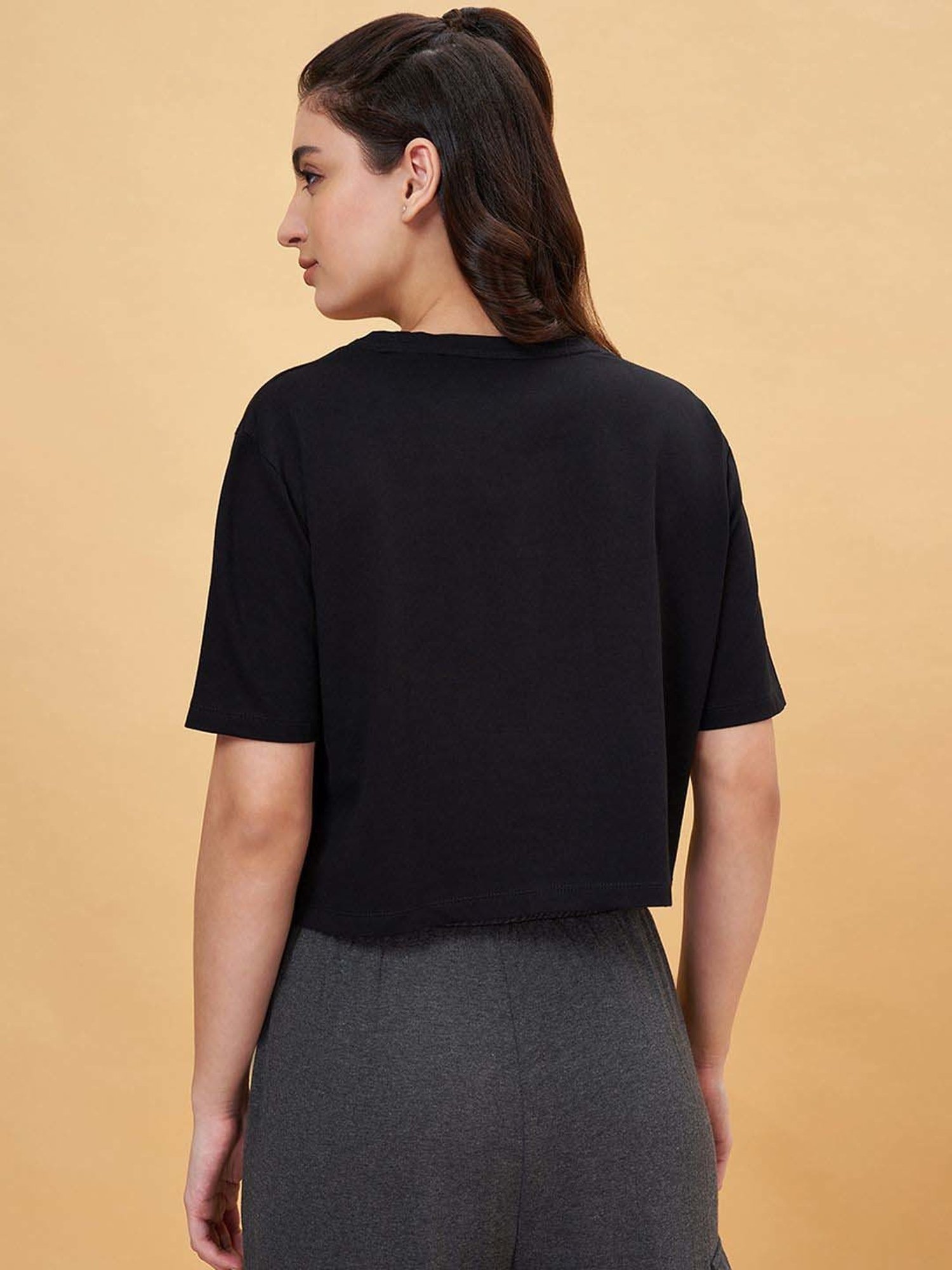 Ajile by Pantaloons Jet Black Cotton Printed T-Shirt