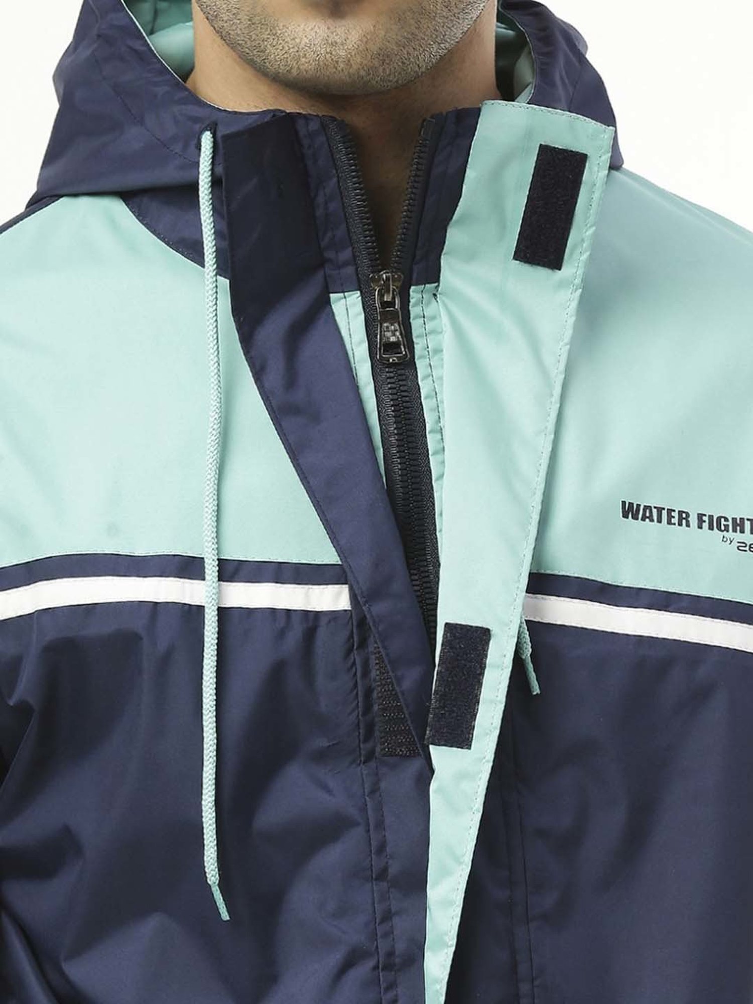 Zeel Navy & Green Colour-Block Rainwear Jacket