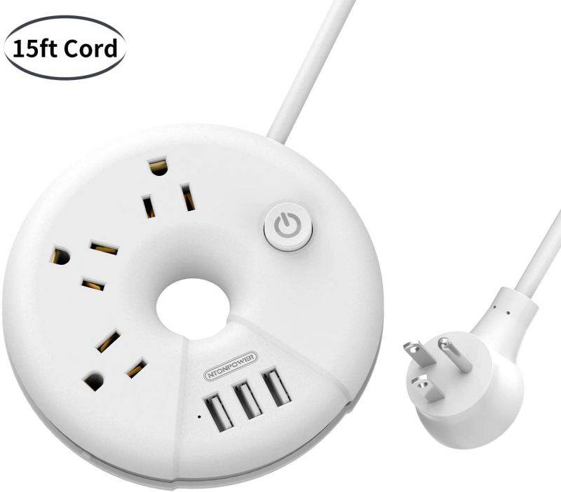 Power Strip with USB - Travel Power Strip Flat Plug 15 ft Extra Long Extension Cord 3 Outlet 3 USB Desktop Charging Station Wall Mount for Home Dorm Room Office and Nightstand - White