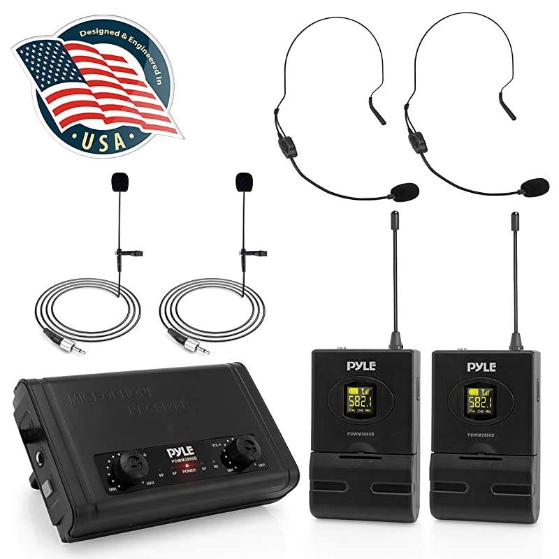 UHF Wireless Microphone System Pro Portable Dual Channel Desktop Digital Mic Receiver Set w 2 BeltPack Transmitter Receiver 2 Headset Lavalier Mics Battery For Home PA Pyle PDWM2880B