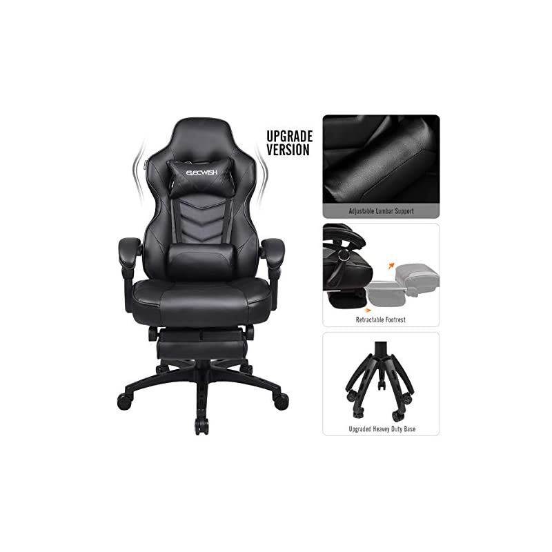 Gaming Chair Racing Office - Reclining PU Leather High Back Ergonomic Adjustable Swivel Executive Computer Desk Large Size Footrest Headrest Lumbar Support Adjustable arms Cushion (Black)