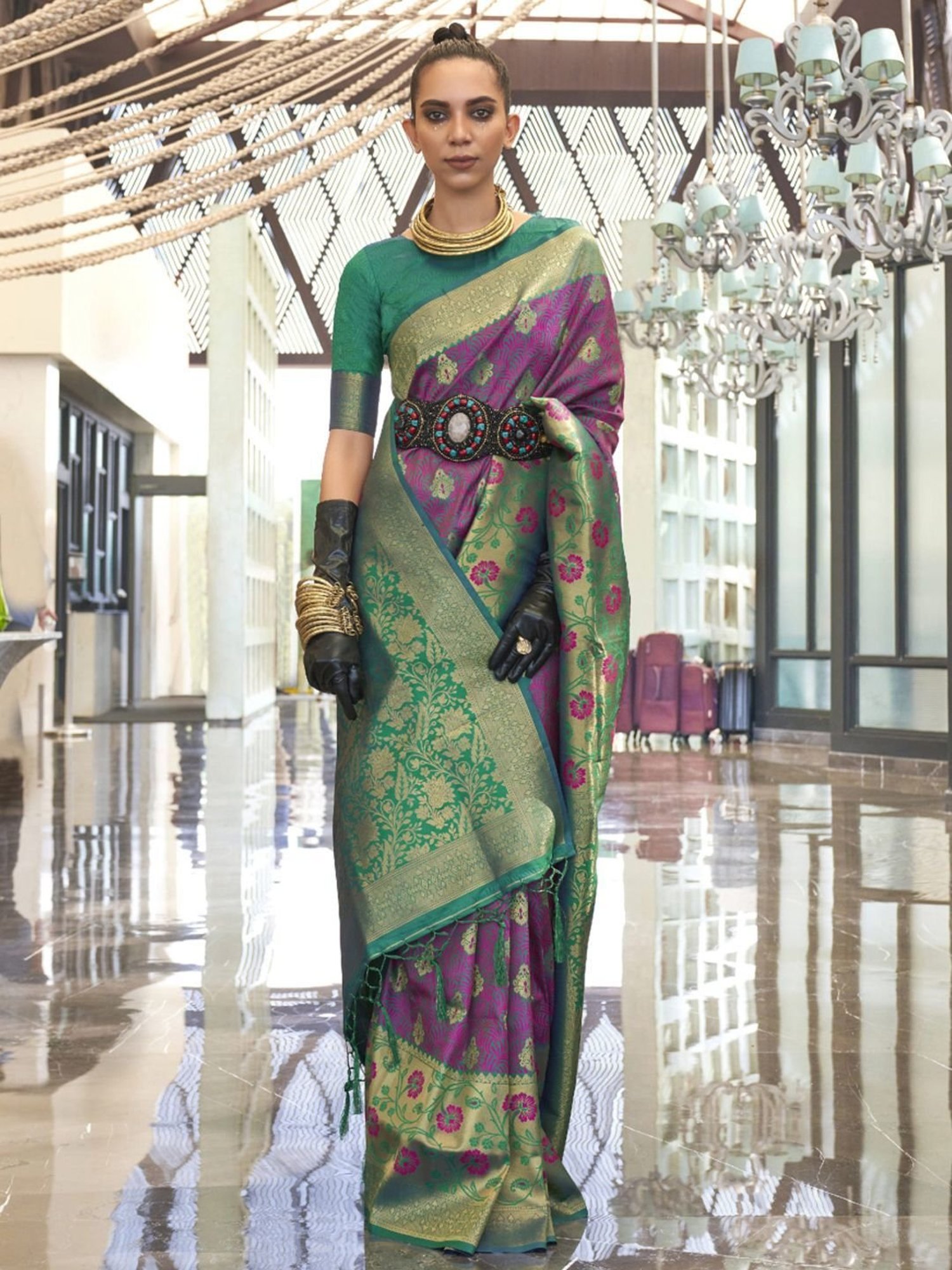 Elora Purple Silk Printed Saree With Unstitched Blouse