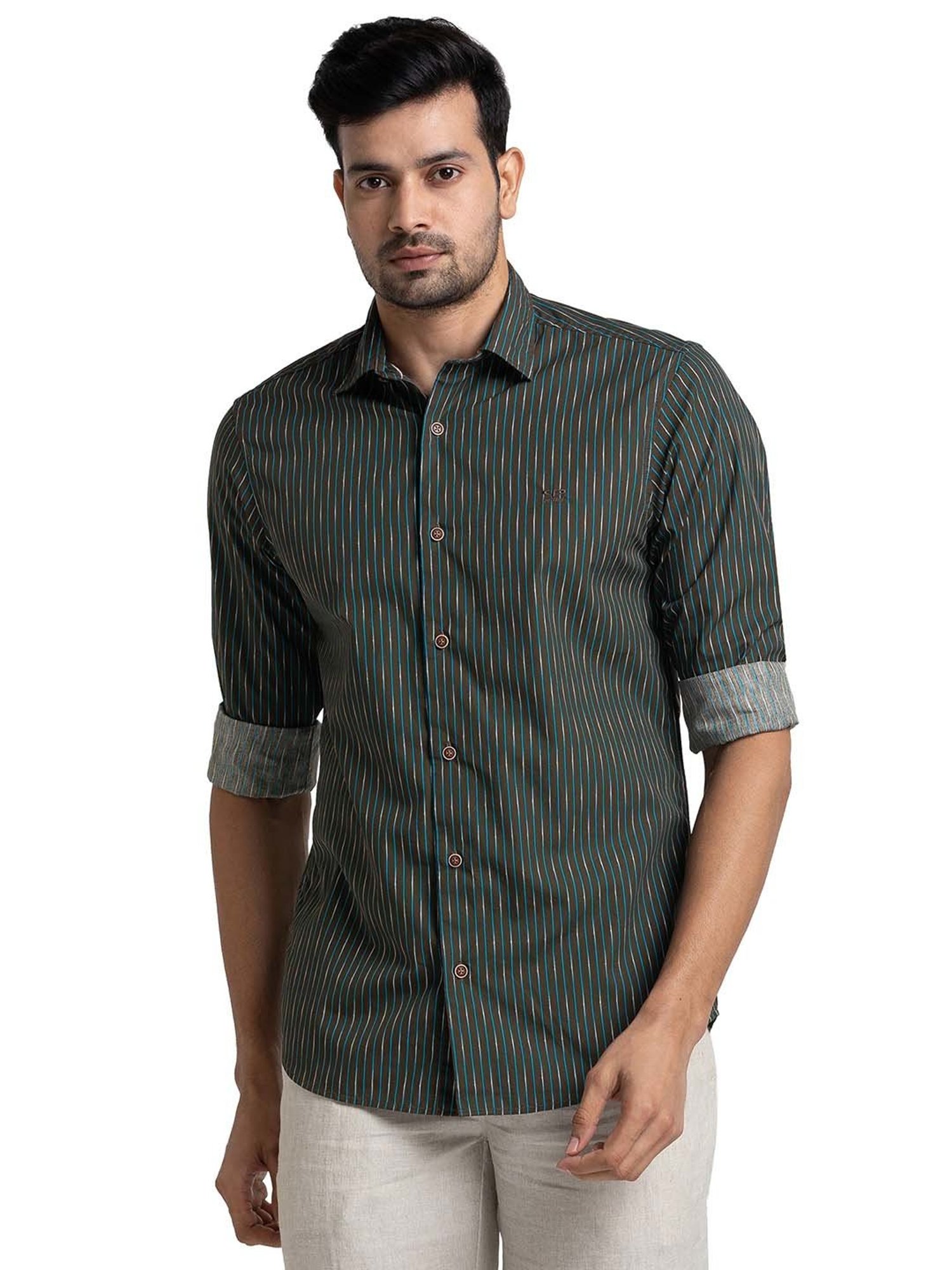 ColorPlus Green Tailored Fit Striped Shirt