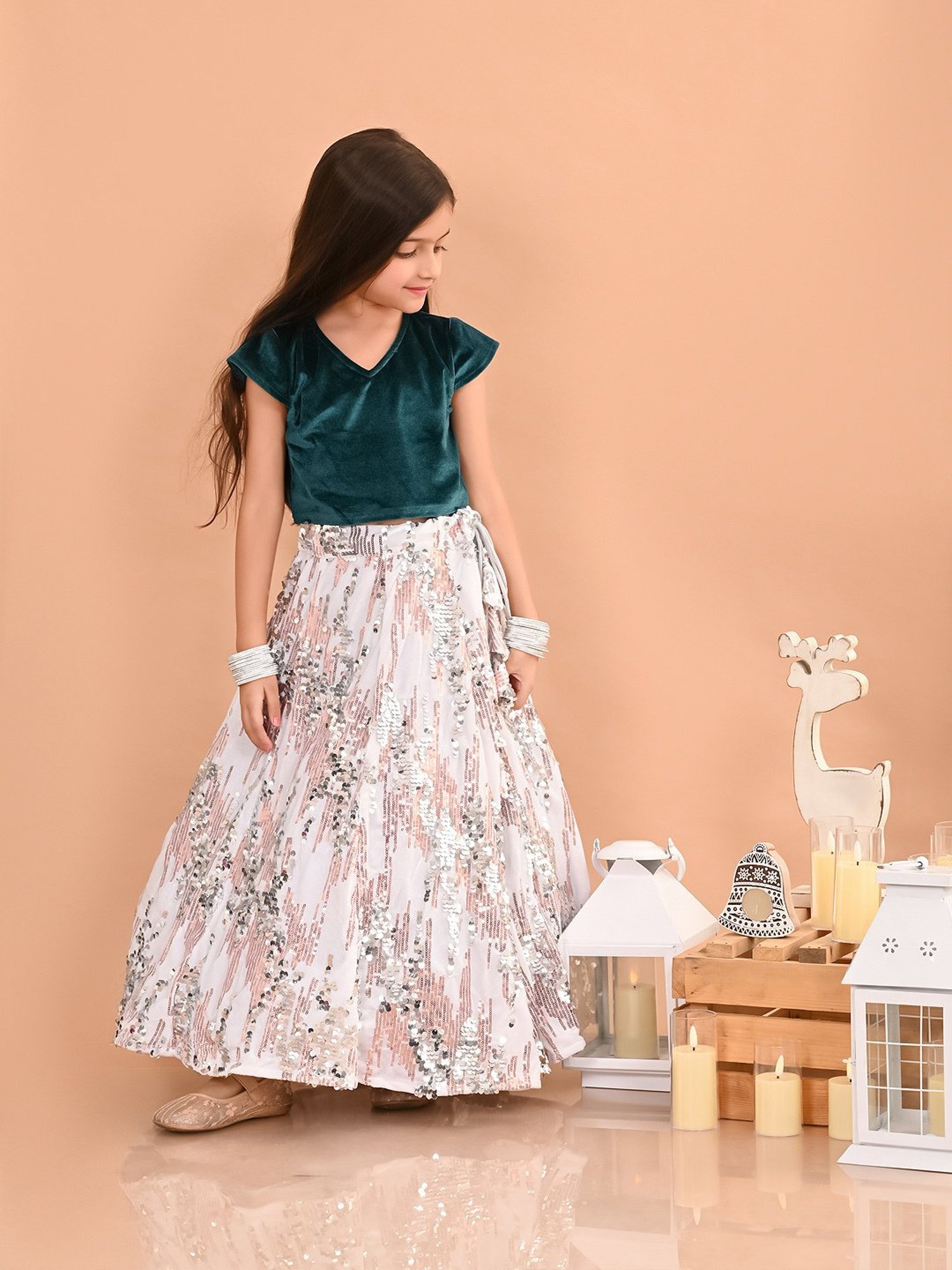 LilPicks Kids Green & White Embellished Lehenga with Choli