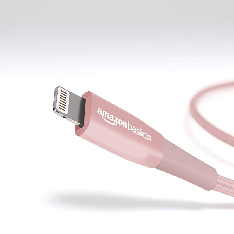 Basics Double Nylon Braided USB A Cable with Lightning Connector, Premium Collection, MFi Certified Apple iPhone Charger, 6 Foot, 2 Pack, Rose Gold