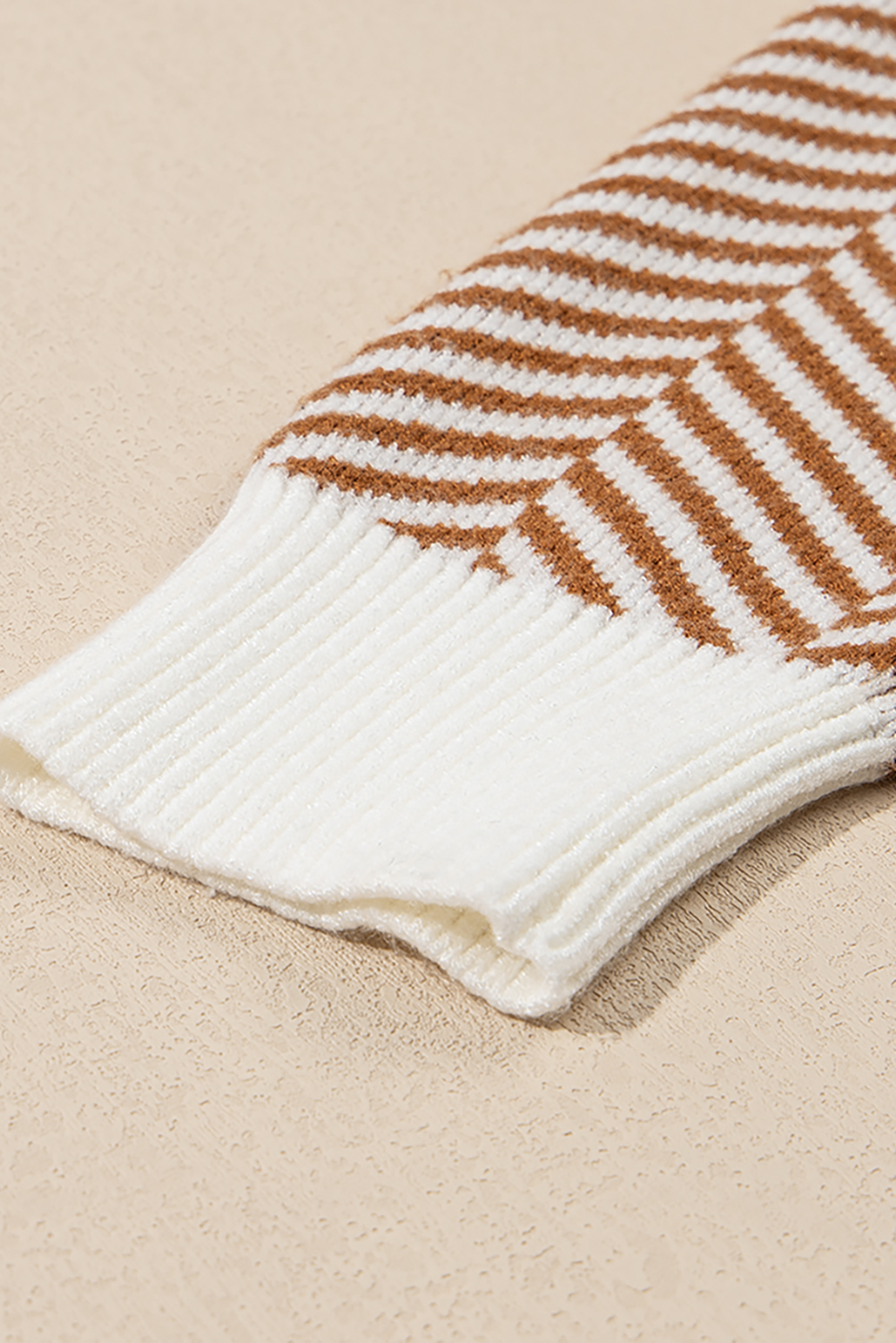 Coffee Stripe Contrast Edge Crew Neck Drop Shoulder Sweater