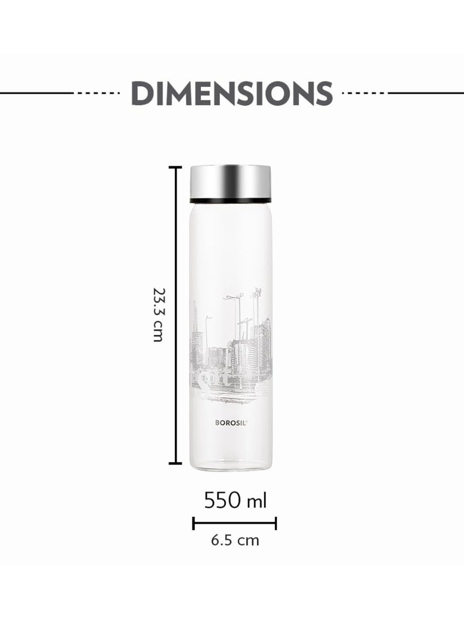 Borosil Water Bottle with Fridge Safe & Leakproof Set of 2 (Transparent, 550 ml)