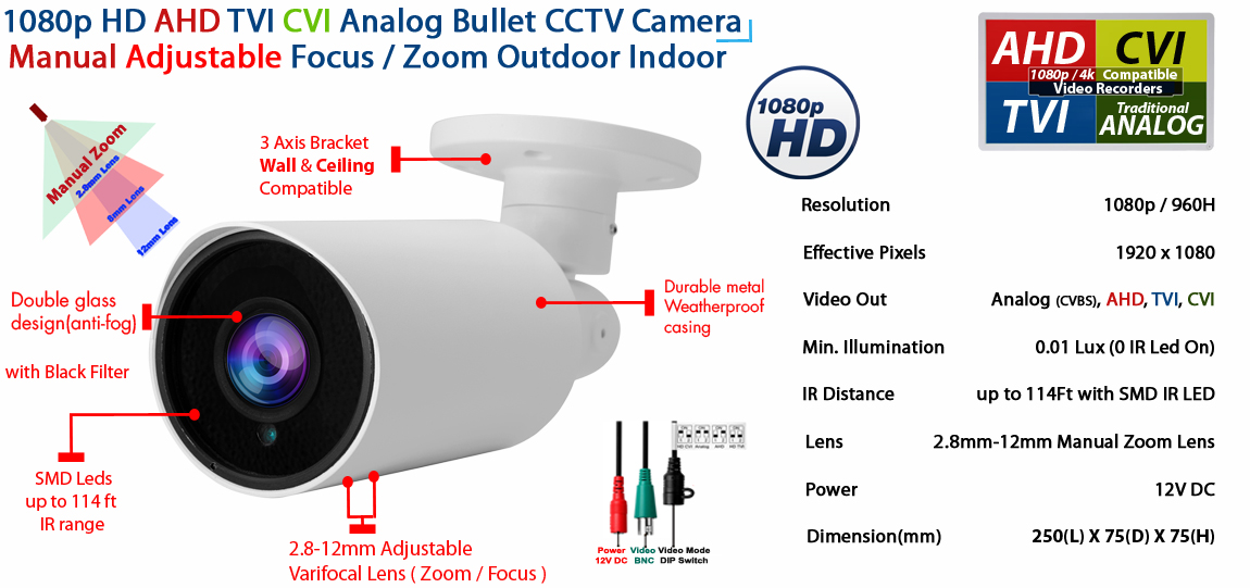 Evertech 1080p Bullet Security Camera Set with 25ft pre-Made Cable and 1000mA Adapter