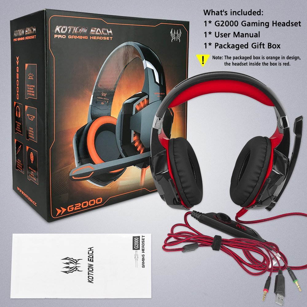 VersionTech G2000 Gaming Headset for PC Computer, Comfortable Over Ear Headphones with Microphone, Led Lights & In-Line Volume Control (Not compatible with PS3/PS4/Xbox One/Xbox 360)- Red