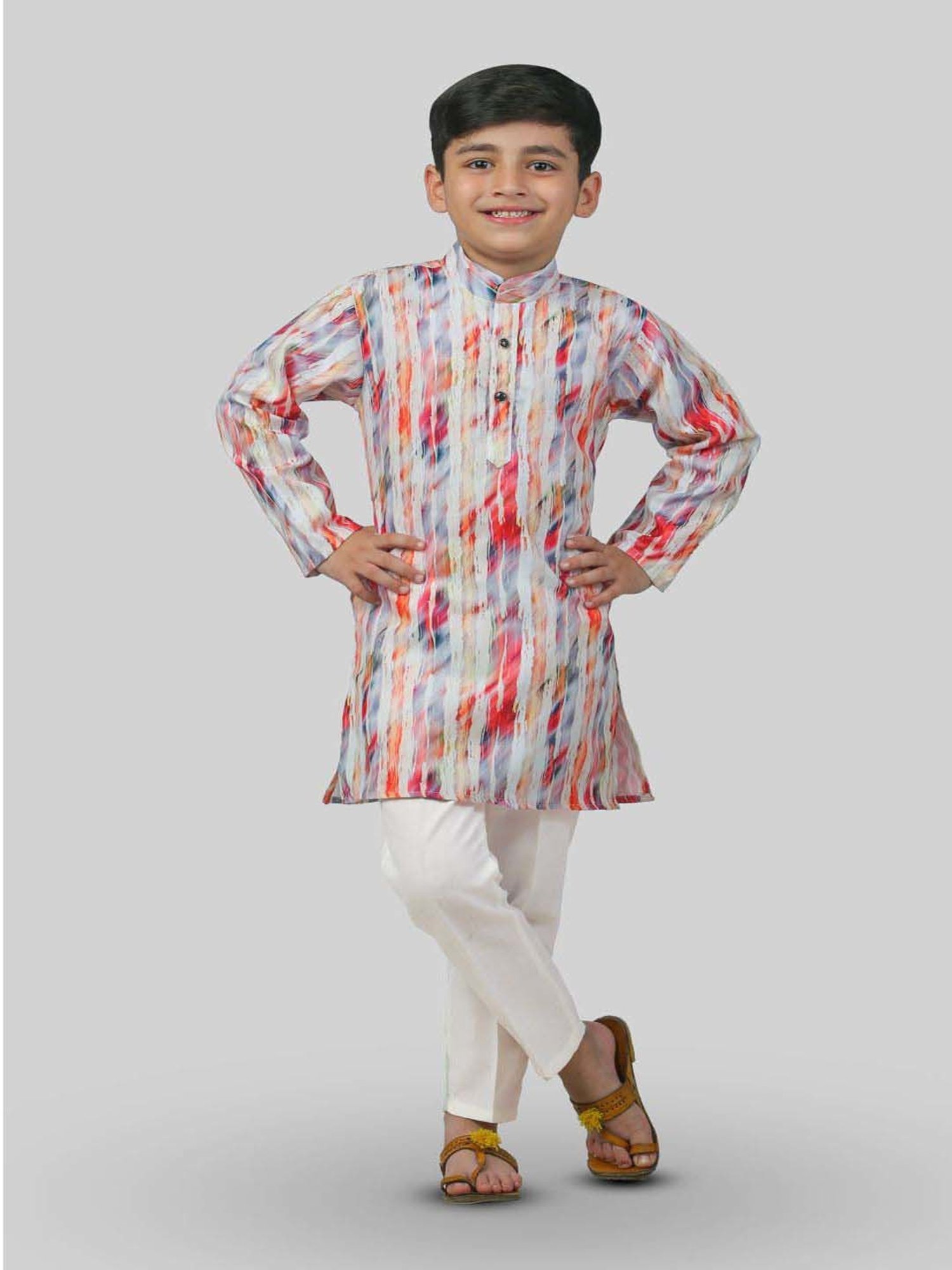 Ahhaaaa Kids Multicolor Cotton Printed Full Sleeves Kurta Set