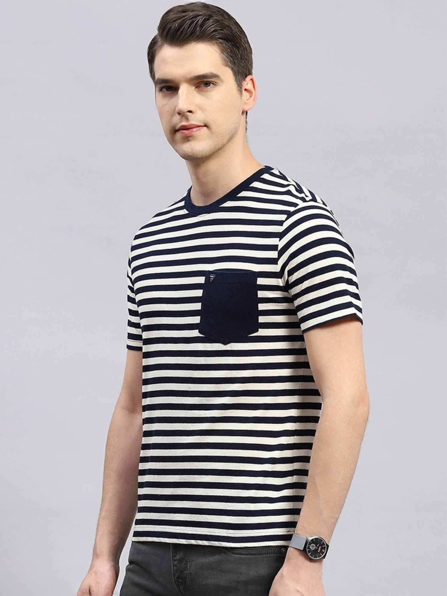 Monte Carlo Navy Blue Regular Fit Striped T-Shirt