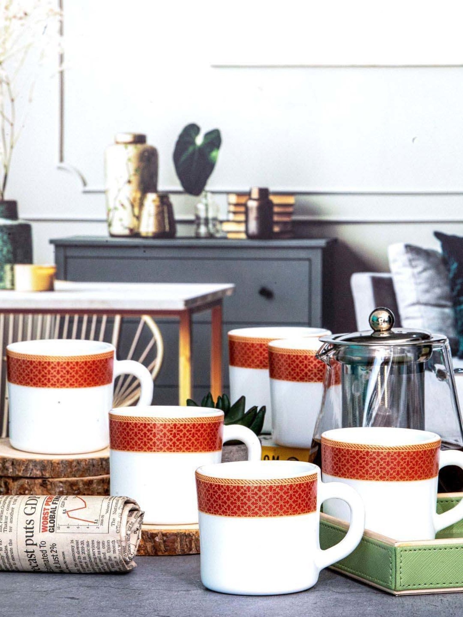 Cello White & Red Opalware Solitaire Tea Mug (0.18 L) - Set of 6