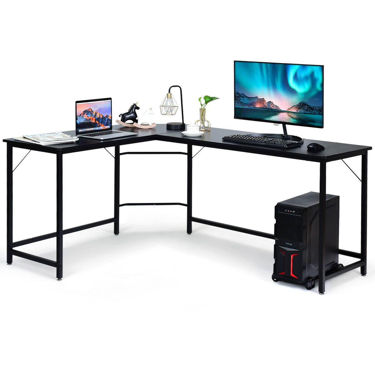 HILINSTON L-Shaped Desk 66 Inch, Industrial Sturdy Corner Computer Desk with Host Board, Gaming Laptop Table PC Study Desk Workstation, Easy to Assemble, Desk for Home Office Bedroom, Black, GT07