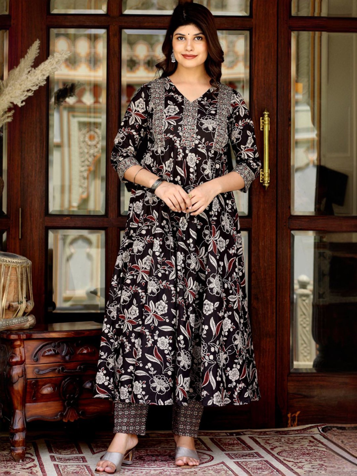 Miravan Black Cotton Embroidered Kurta Pant Set