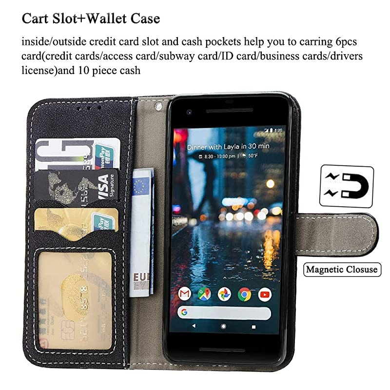 Pixel 2 Wallet Case,Luxury Leather Phone Cases with Credit Card Holder Slot Stand Kickstand Shockproof Rugged Book Flip Folio Protective Cover for Google Pixel2 Black