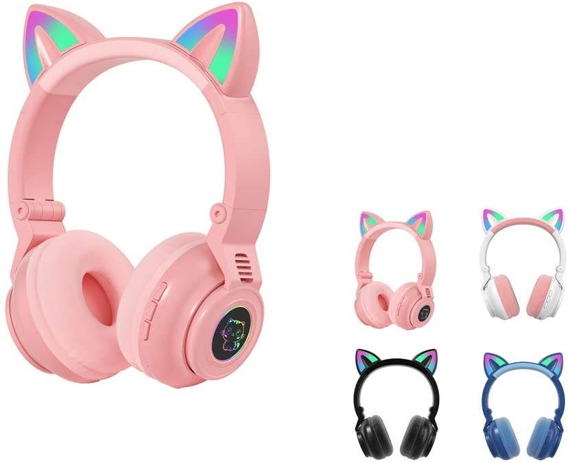 Cat Ear Headphones Bluetooth 5.0 Pink Stereo Gaming Headset with MIC, Foldable Wireless Noise Cancelling Headphone, Fashion Luminous Headset for Kids & Adults (Pink)