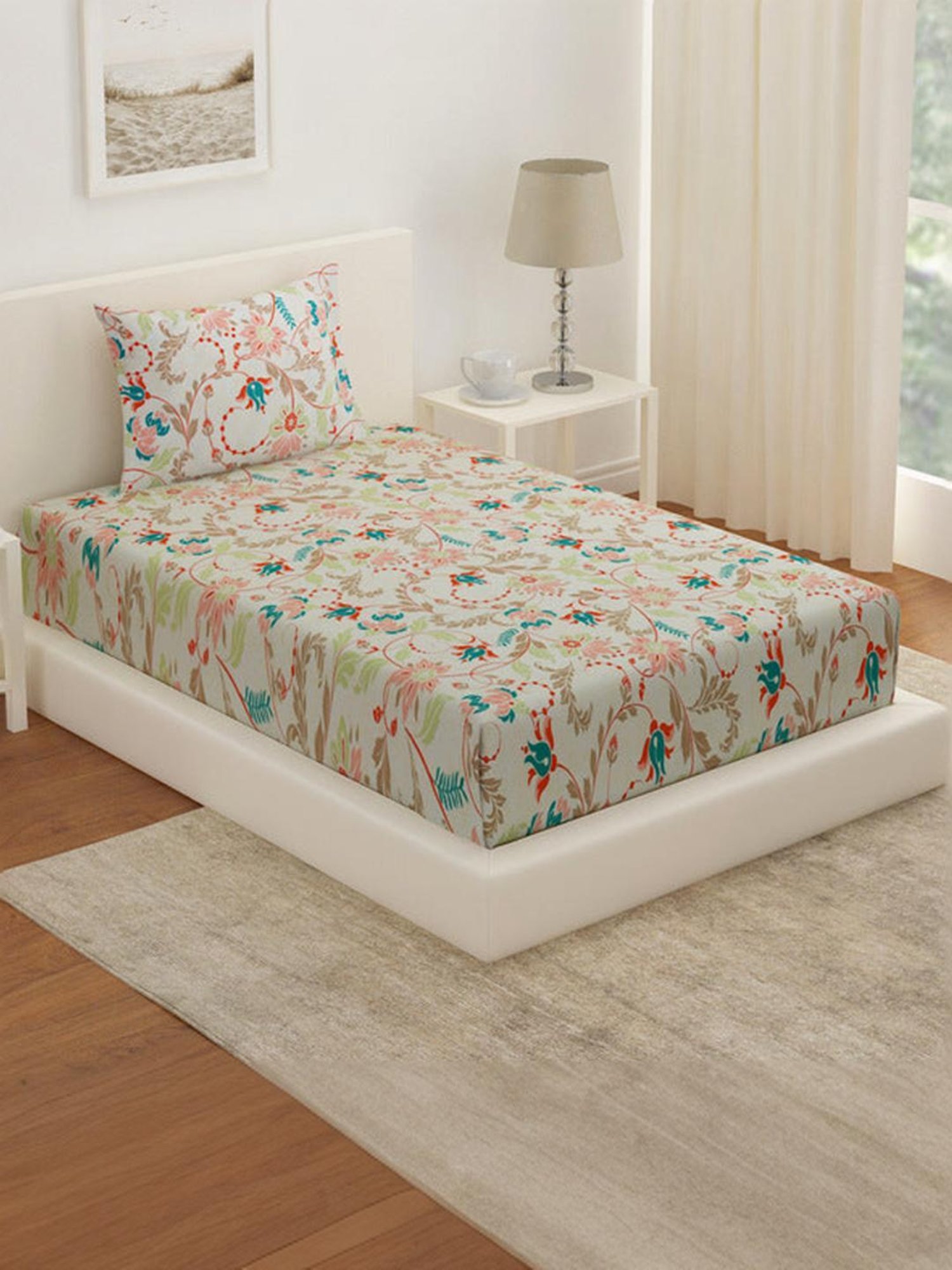 @Home Arias Multicolor 225 TC Cotton Satin Single Bedsheet with 1 Pillow Cover