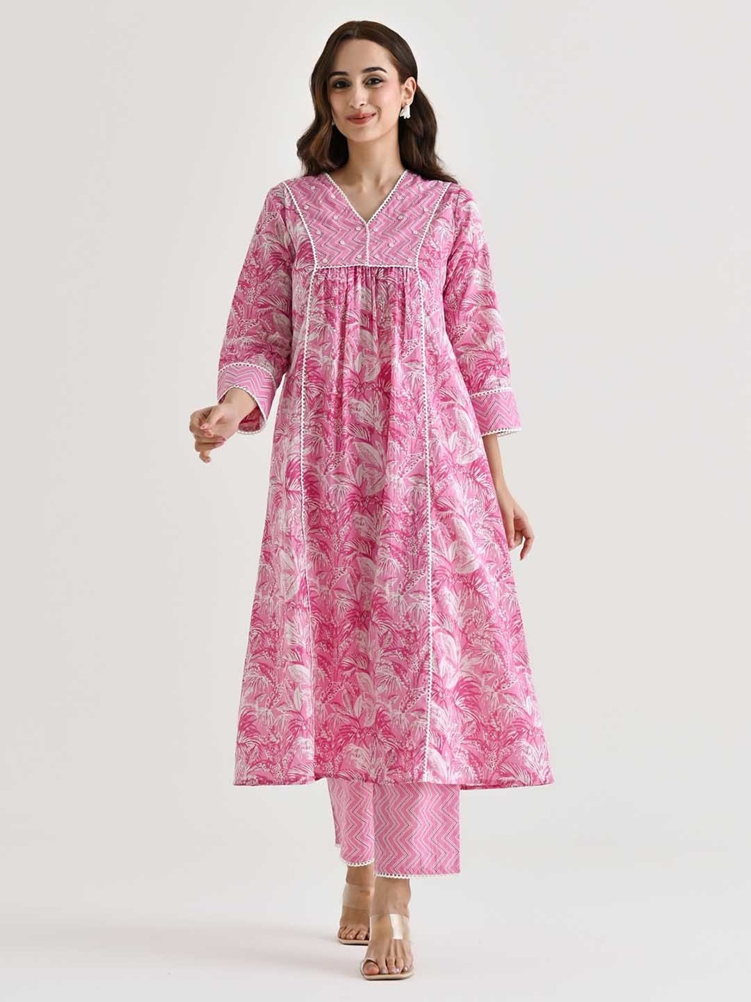 Rustorange Pink Printed A Line Kurta
