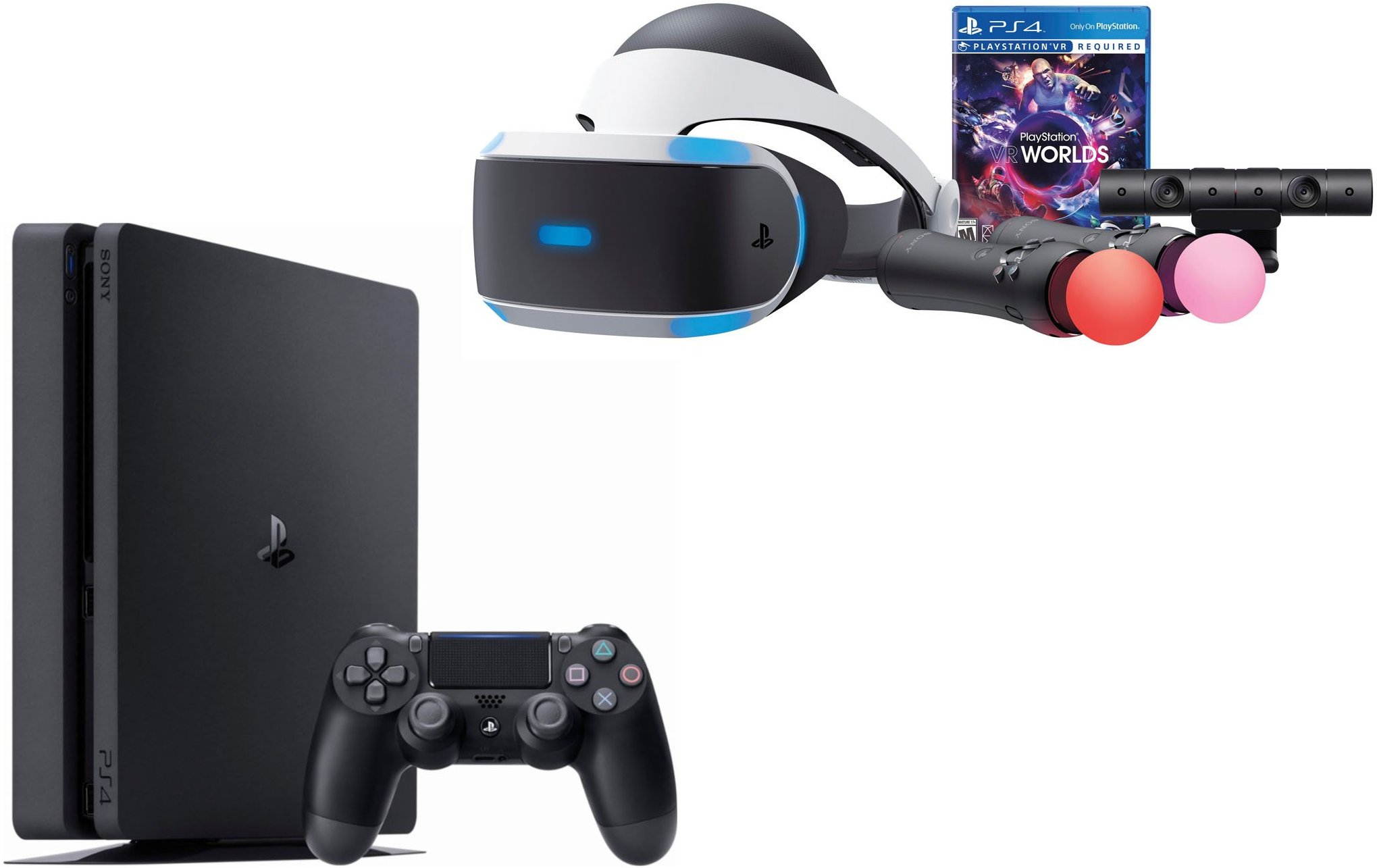 PlayStation VR Launch Bundle with Console (5 Items): Playstation VR Headset, PlayStation4 Slim 1TB Console- Jet Black, Playstation Camera, 2 Move Motion Controllers, and PSVR Worlds Game Disc