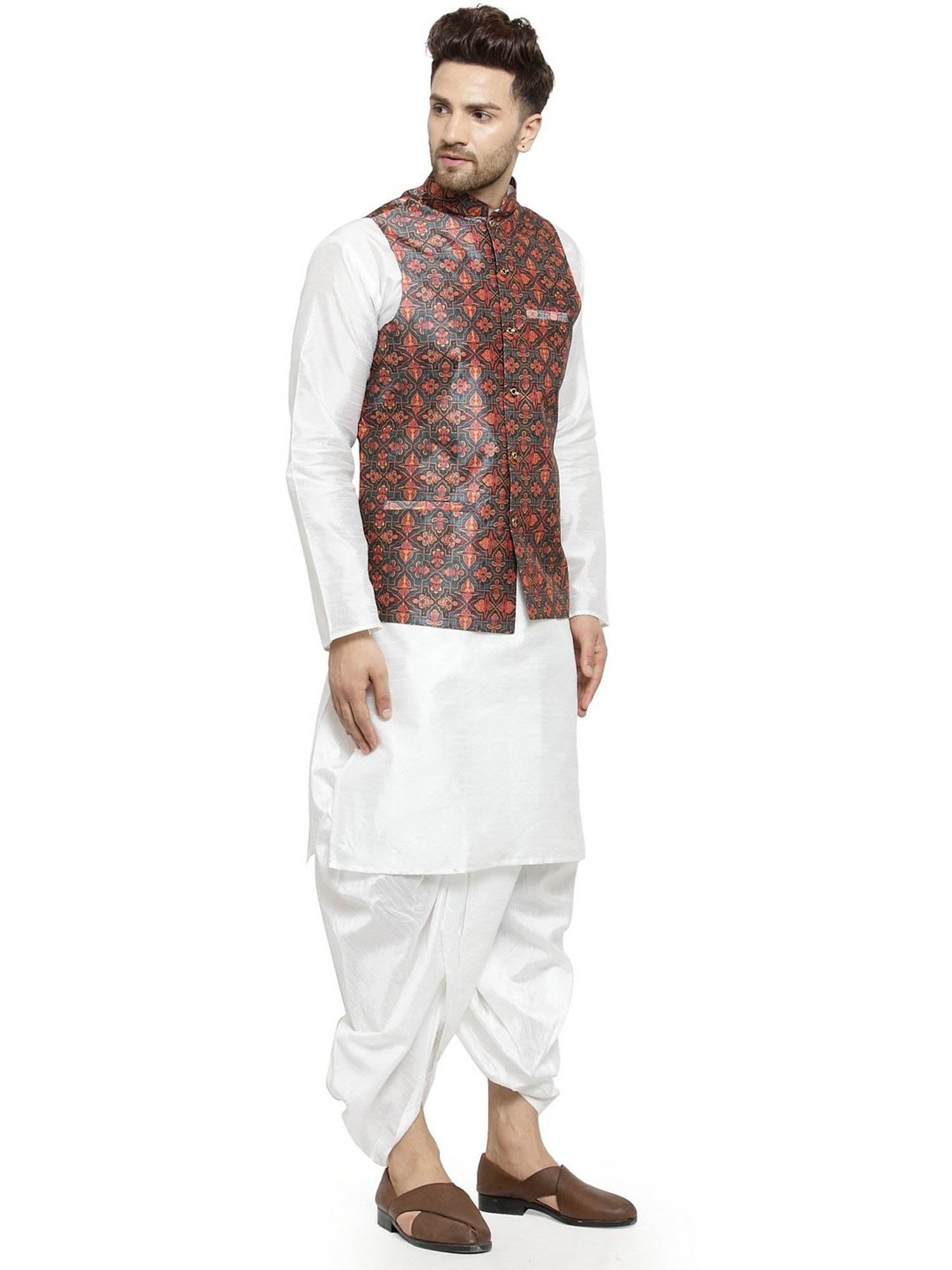 Benstoke White & Dark Green Regular Fit Paisley Kurta Set With Jacket