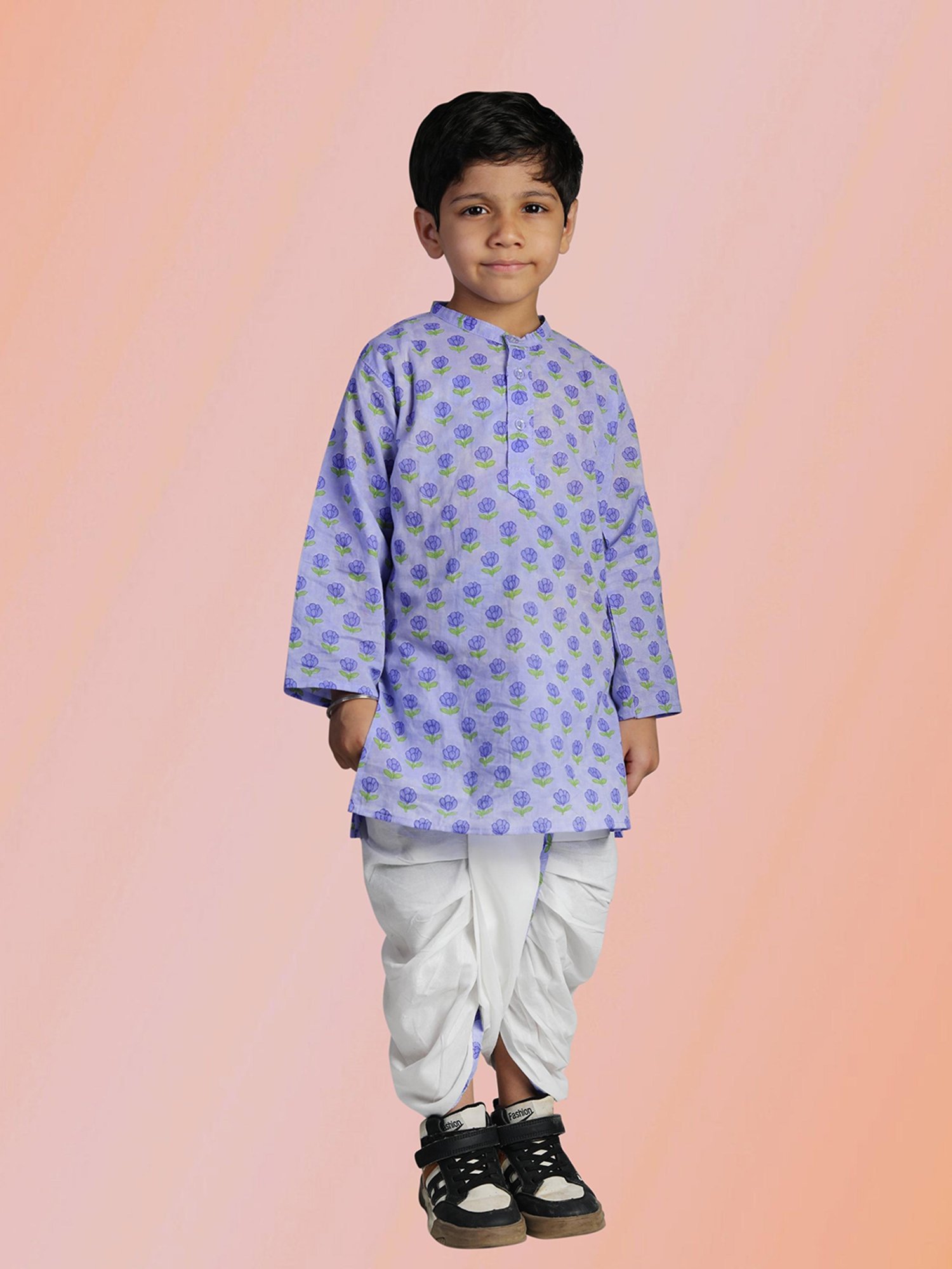Tippy Top Kids Purple & White Floral Print Full Sleeves Kurta with Dhoti