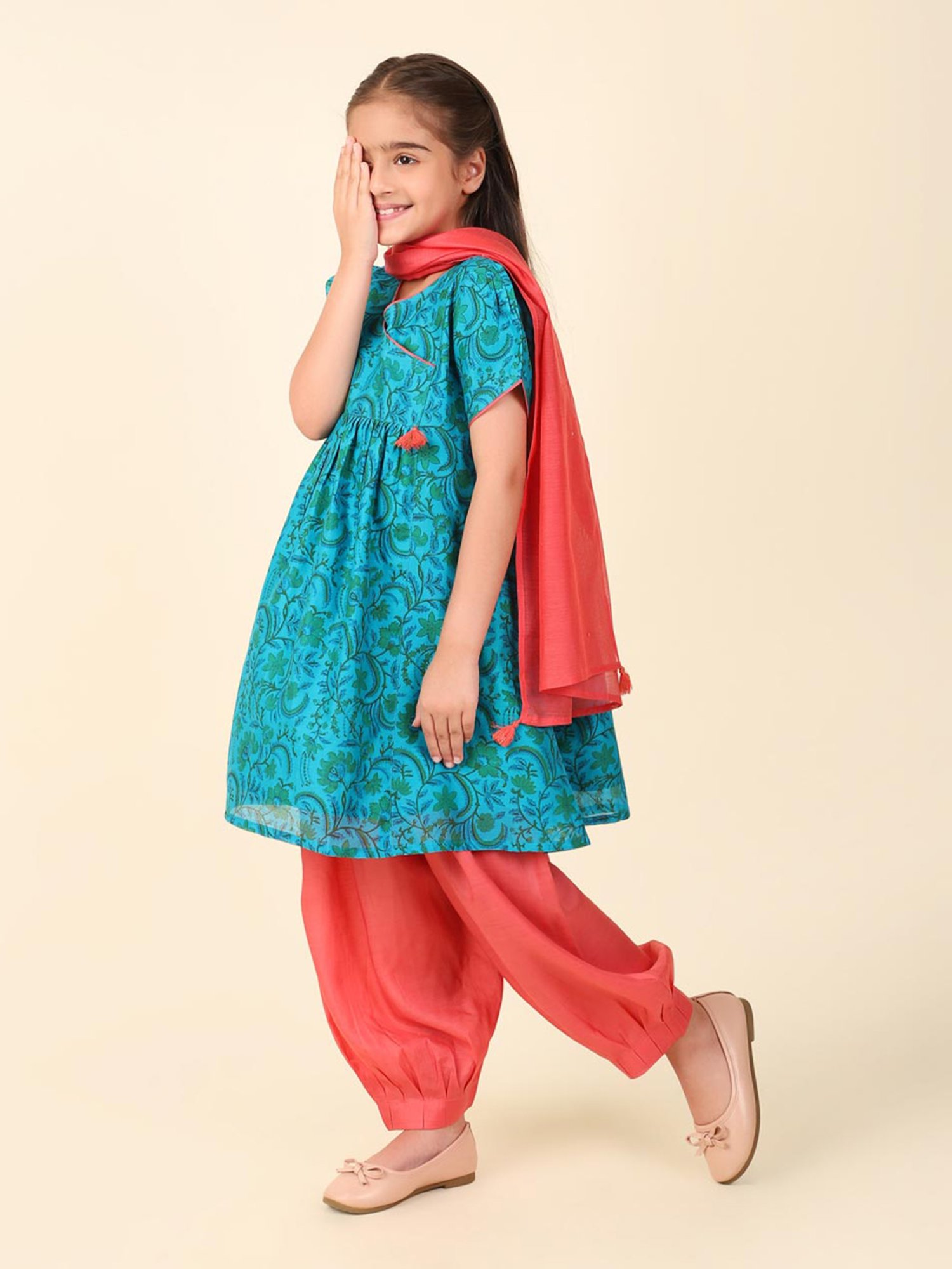 Fabindia Kids Teal & Coral Floral Print Kurta, Salwar With Dupatta