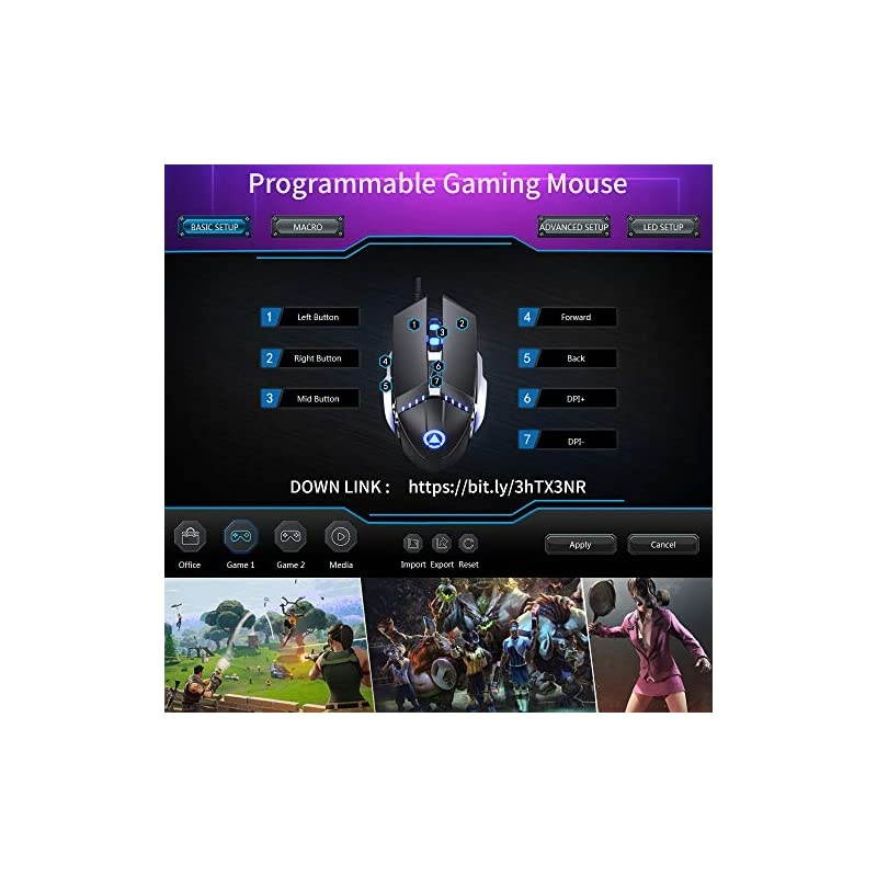 Gaming Mouse Wired Ergonomic Computer Mice with 7 Programmable Buttons 4 Circular Breathing LED Light 4 Adjustable DPI Up to 3200 for PC Mac Laptop and Gamer