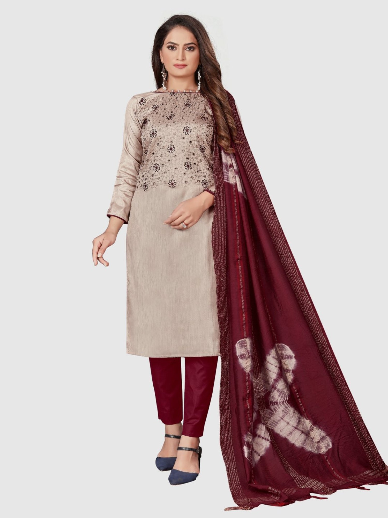 APNISHA Beige Embroidered Unstitched Dress Material