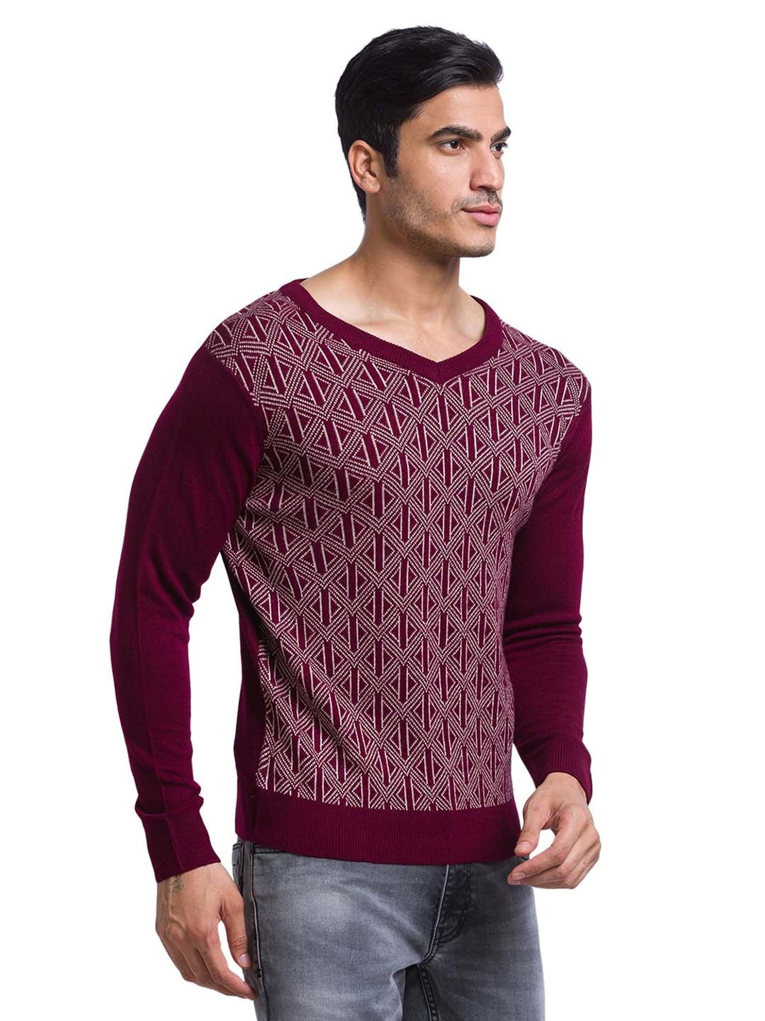 Parx Maroon Regular Fit Self Design Sweater