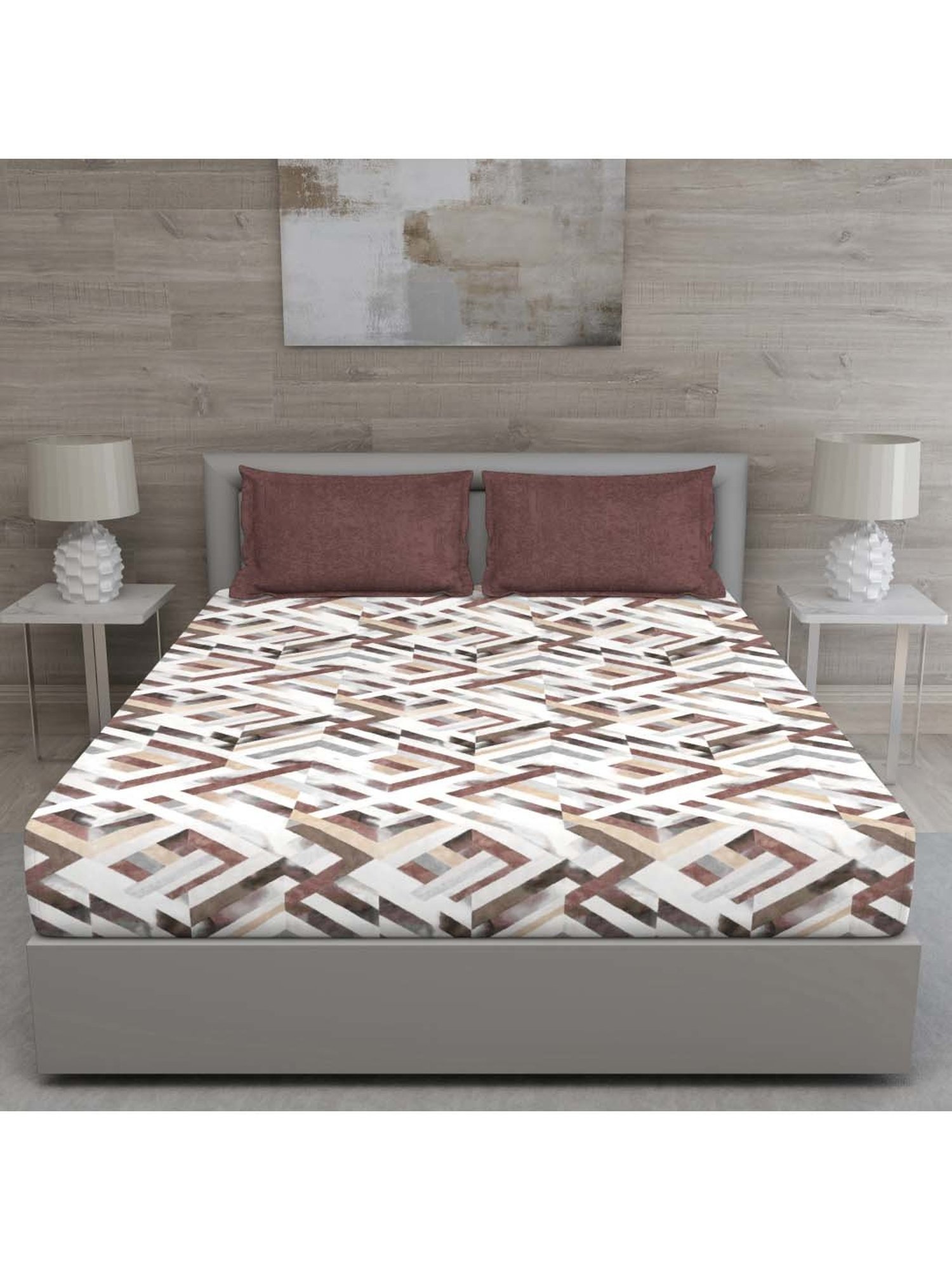 GM 'Matthiola' Brown Cotton 150 TC Double Bedsheet with 2 Pillow Covers