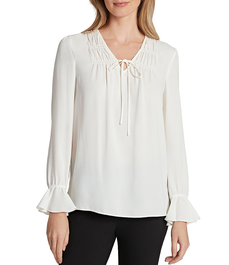 Tahari ASL Long Sleeve Ruffle Cuff Georgette Tie Neck Blouse