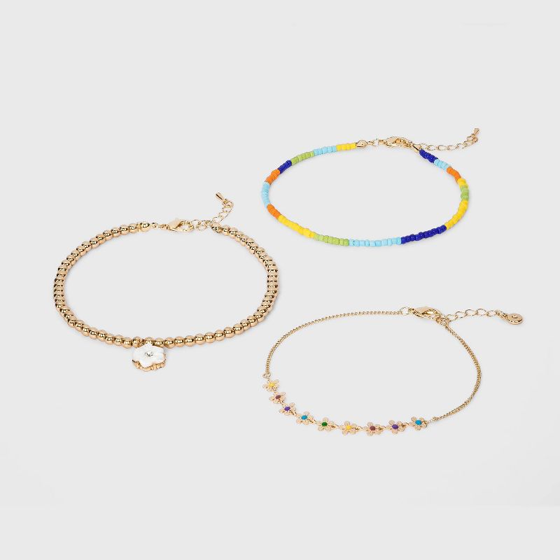 Shiny Gold with Beads and Acrylic Flower Charm Anklet Set 3pc - Wild Fable™