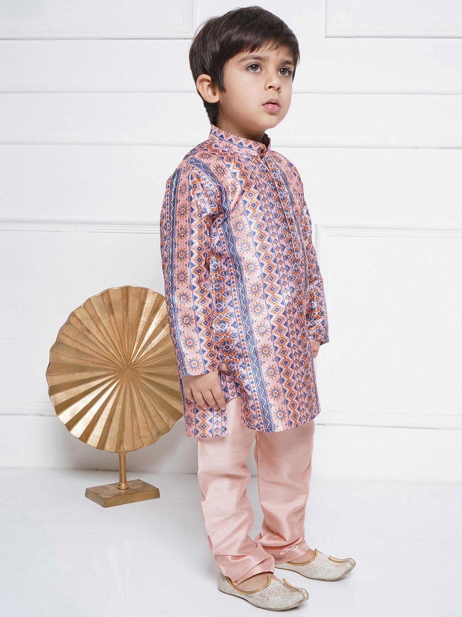 AJ Dezines Kids Peach & Blue Printed Full Sleeves Kurta with Pyjamas