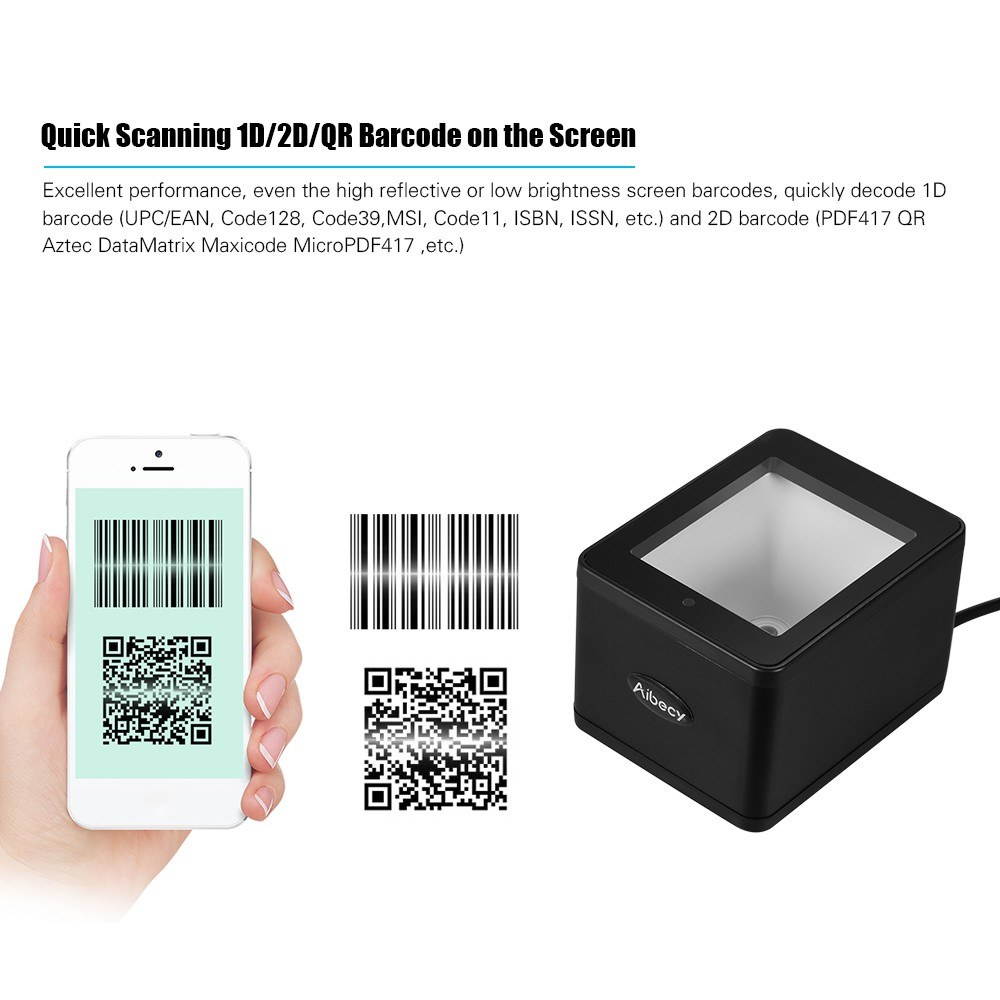 Desktop 1D/2D/QR Barcode Scanner USB Wired Bar Code Reader CMOS Image Hand-Free for Mobile Payment