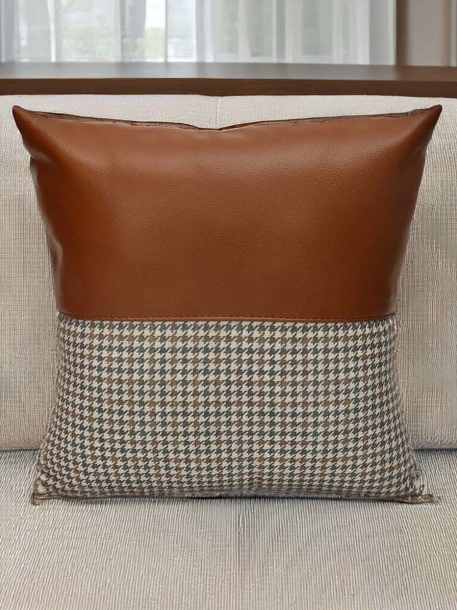 @home Beige & Tan Leather Cushion Cover With Zipper
