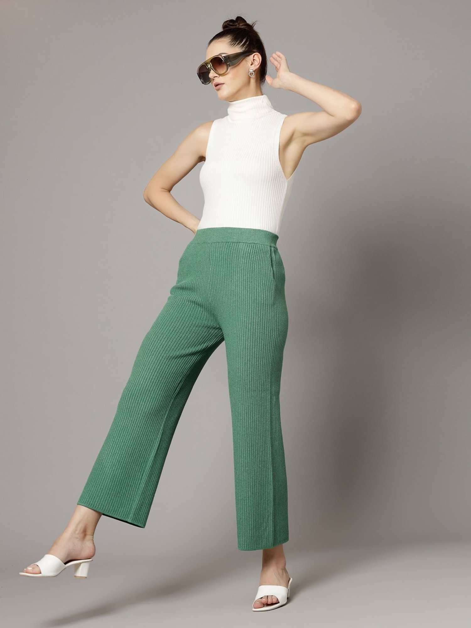 Mafadeny Green Regular Fit Mid Rise Palazzos