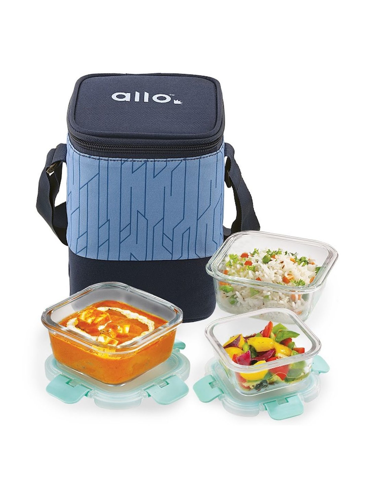 Borosilicate Glass Lunch Box Microwave Oven Safe with Detachable Lock and Space Blue Tiffin Bag