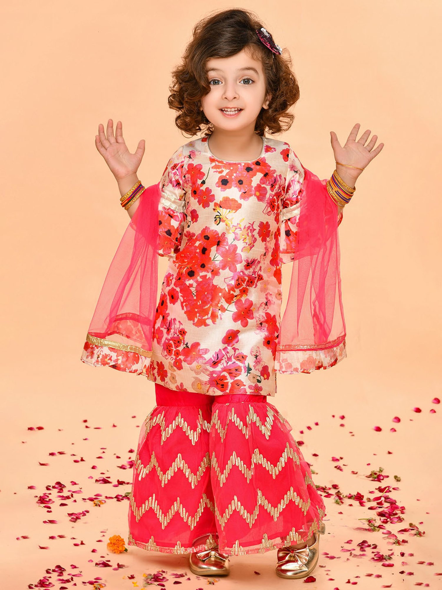 Saka Designs Kids Pink & Ivory Floral Print Kurta with Sharara & Dupatta