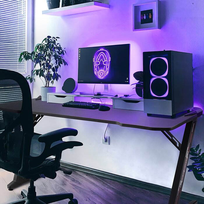 Homall Computer Gaming Desk Large Carbon Fiber Surface Computer Table Z-shaped Feet PC Desk with Cup Holder Headphone Hook Game Handle Rack (Black)