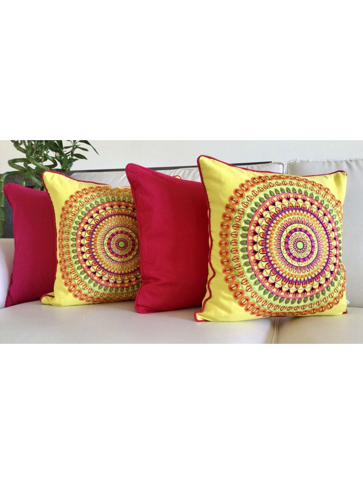 TARA Sparkling Homes Pink Embroidered Cotton Silk Cushion Cover - Set of 2