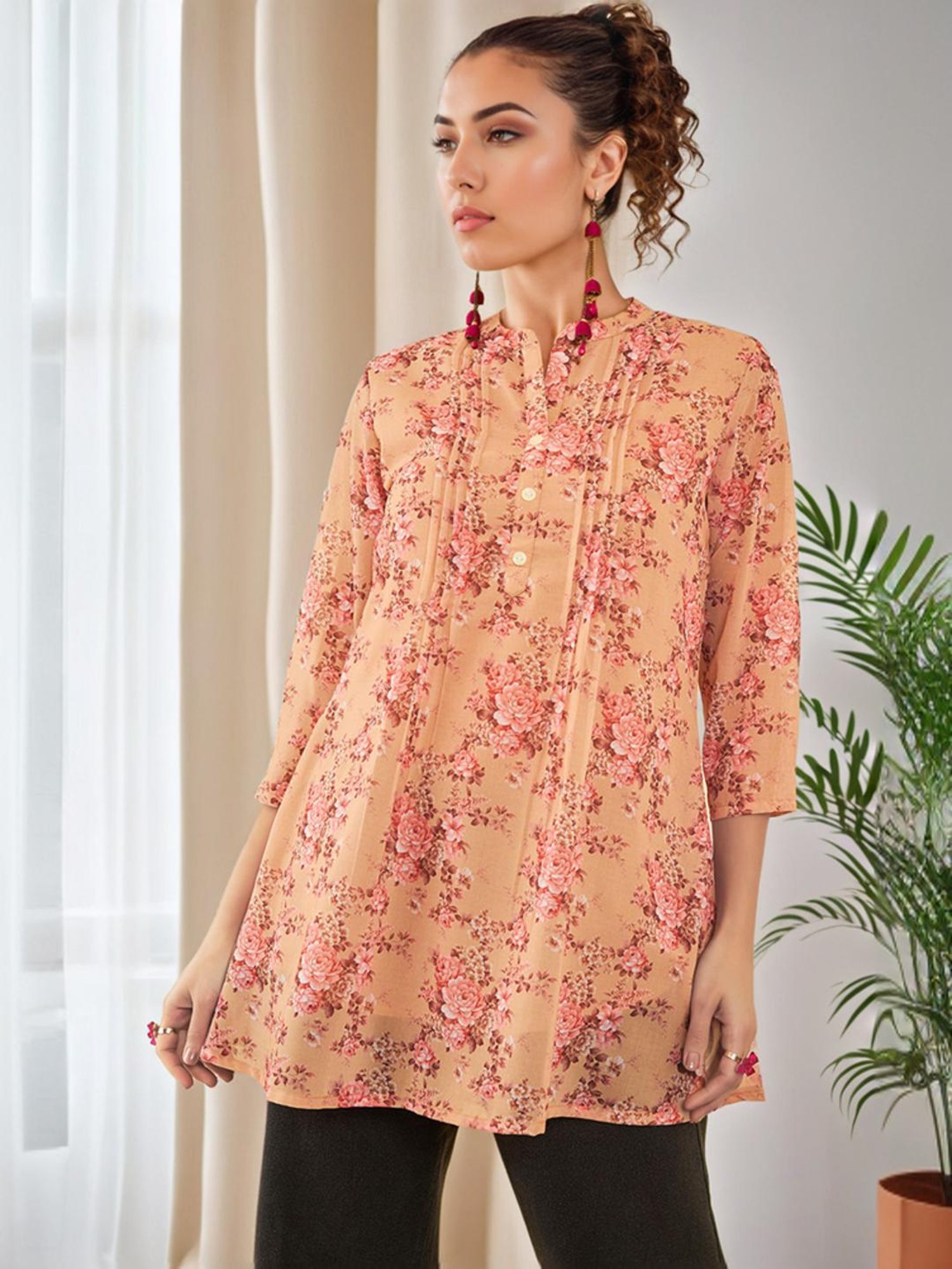 Soch Beige Georgette Floral Printed Mandarin Collar A-Line Tunic